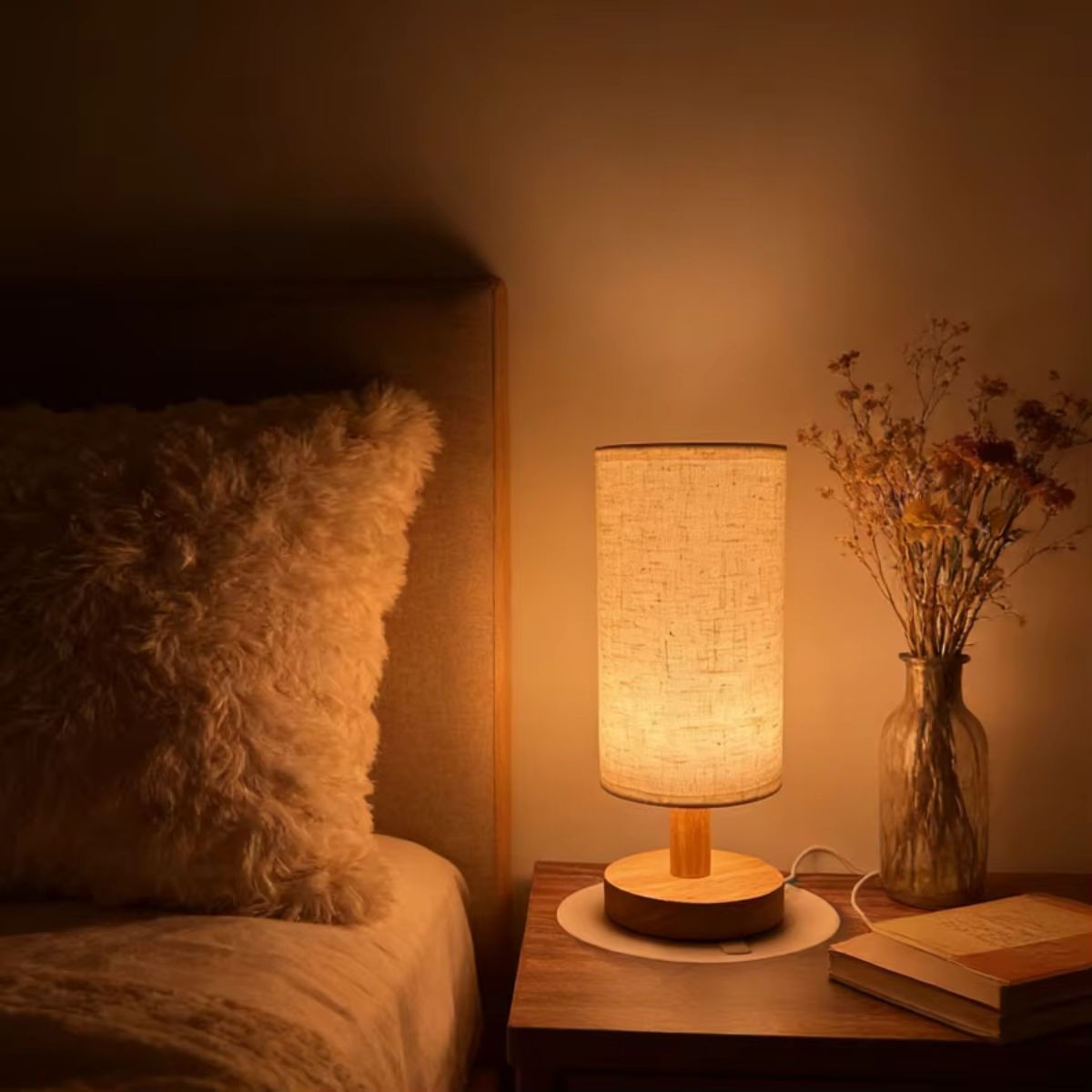 Cozy Wooden Bedside Lamp with Linen Shade